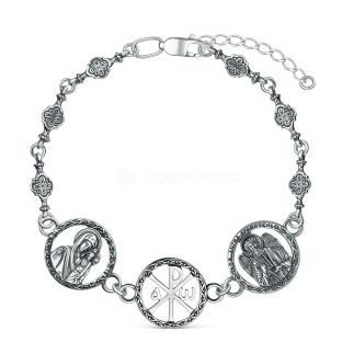Браслет религиозный из чернёного серебра - Божья Матерь Казанская, Хризма, Ангел-Хранитель (моли Бога о нас)