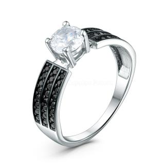 Кольцо из серебра с бриллианитом и фианитами родированное