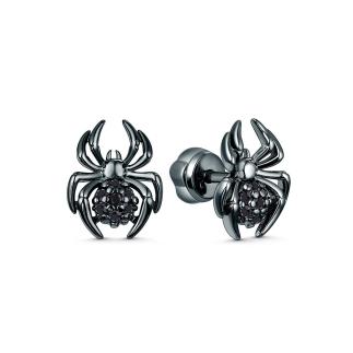 Серьги-пусеты из серебра с чёрной шпинелью и тёмным родированием - Пауки