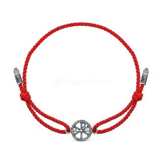 Браслет красный текстильный из чернёного серебра с фианитом - Хризма/ Господи, спаси и сохрани мя