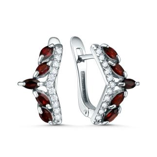 Серьги из серебра с гранатом и фианитами родированные