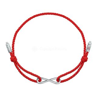 Браслет красный текстильный из родированного серебра - Бесконечность/ Господи, спаси и сохрани мя