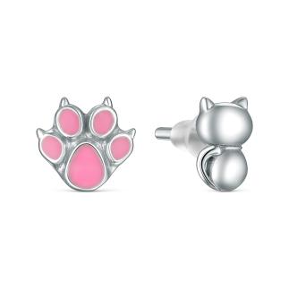 Серьги-пусеты из серебра с эмалью родированные - Лапка и Кошка