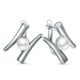 Серьги из серебра с культивированным жемчугом и фианитами родированные