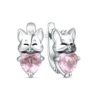 Серьги из серебра с эмалью и фианитами родированные - Лисички с сердцем