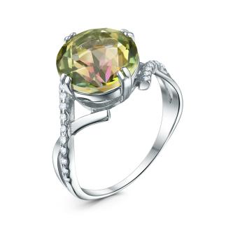 Кольцо из серебра с жёлто-зелёным горным хрусталём и фианитами родированное