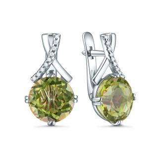 Серьги из серебра с жёлто-зелёным горным хрусталём и фианитами родированные