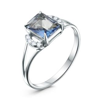 Кольцо из серебра с синим горным хрусталём и фианитами родированное