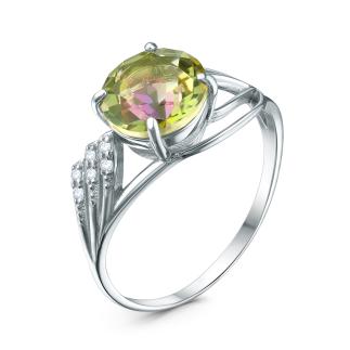 Кольцо из серебра с жёлто-зелёным горным хрусталём и фианитами родированное