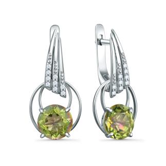 Серьги из серебра с жёлто-зелёным горным хрусталём и фианитами родированные (2в1)