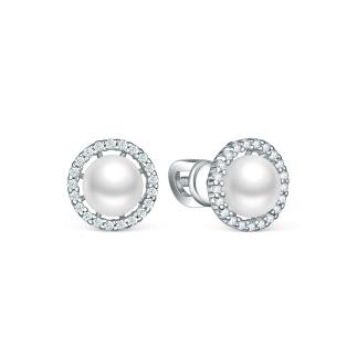 Серьги-пусеты из серебра с культивированным жемчугом и фианитами родированные