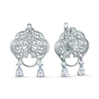 Серьги кокошники из серебра с натуральным горным хрусталём и фианитами родированные