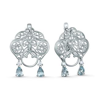 Серьги кокошники из серебра с натуральным топазом и фианитами родированные