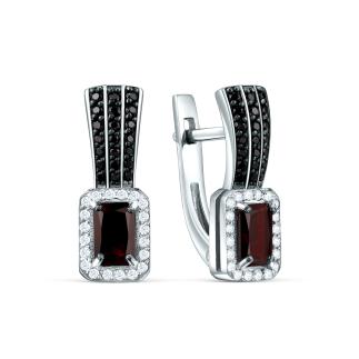 Серьги из серебра с гранатом, шпинелью и фианитами родированные