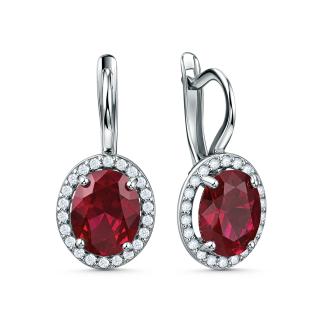Серьги из серебра с синтетическим рубином и фианитами родированные