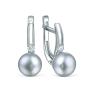 Серьги из серебра с культивированным серым жемчугом и фианитами родированные
