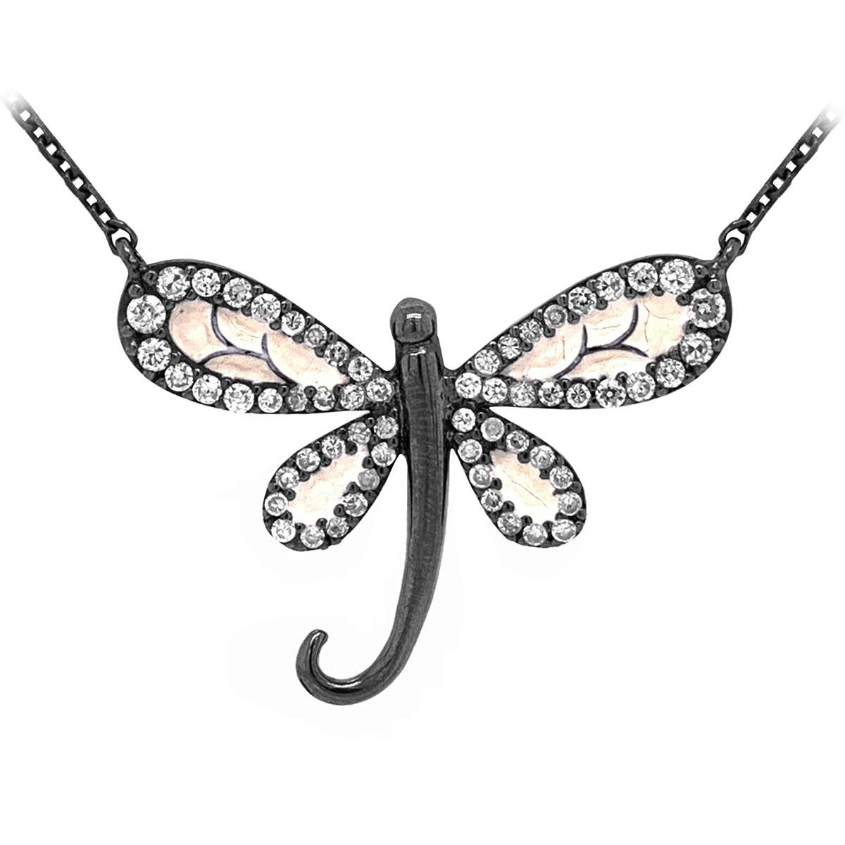 Колье из родированного серебра с эмалью и фианитами