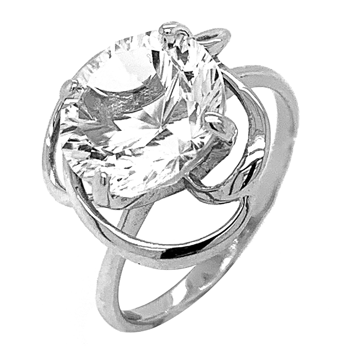 Кольцо из серебра с пл.кварцем цв.горный хрусталь родированное