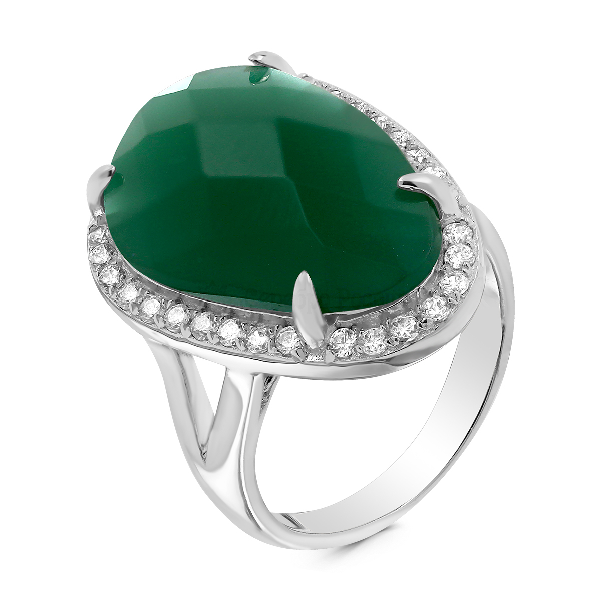 Кольцо из серебра с пл.зелёным кварцем и фианитами родированное ск-713054