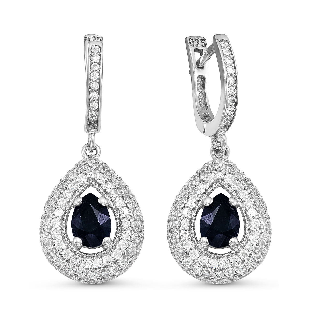 Серьги из серебра с сапфировым корундом и фианитами родированные