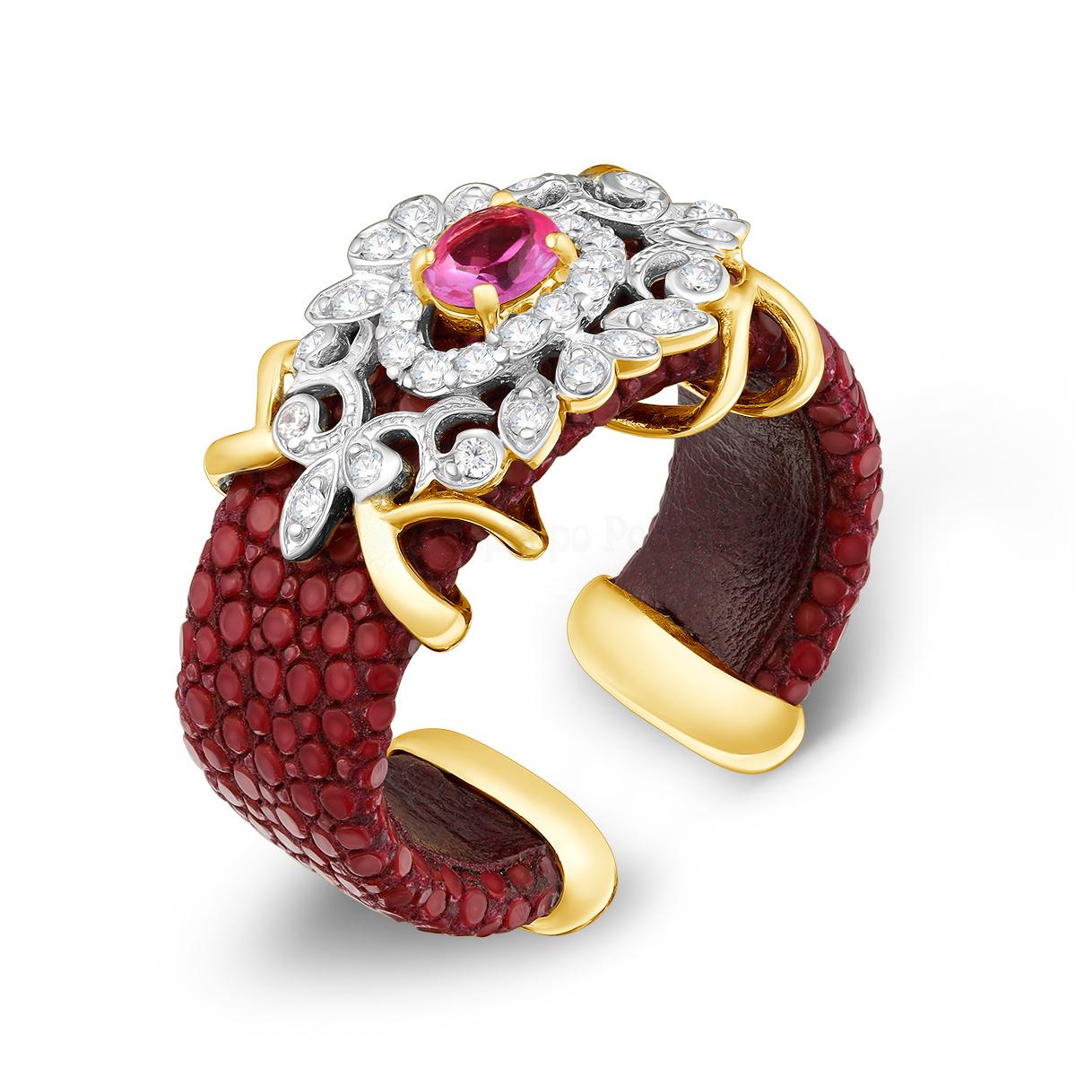 Кольцо роскошное женское разъемное из золочёного серебра с кожей ската, фианитами и родированием ик-1405116