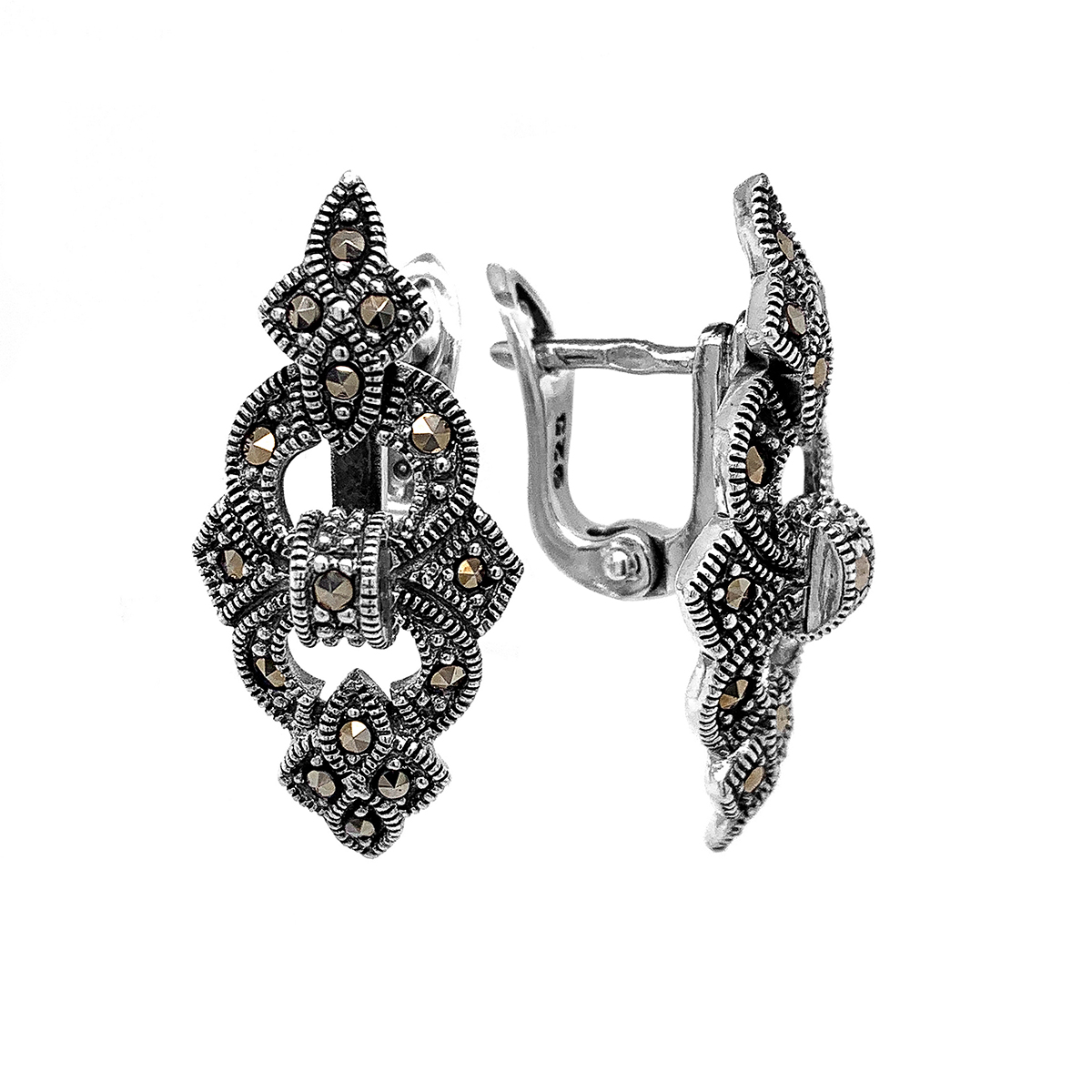 Серьги из серебра с марказитами родированные