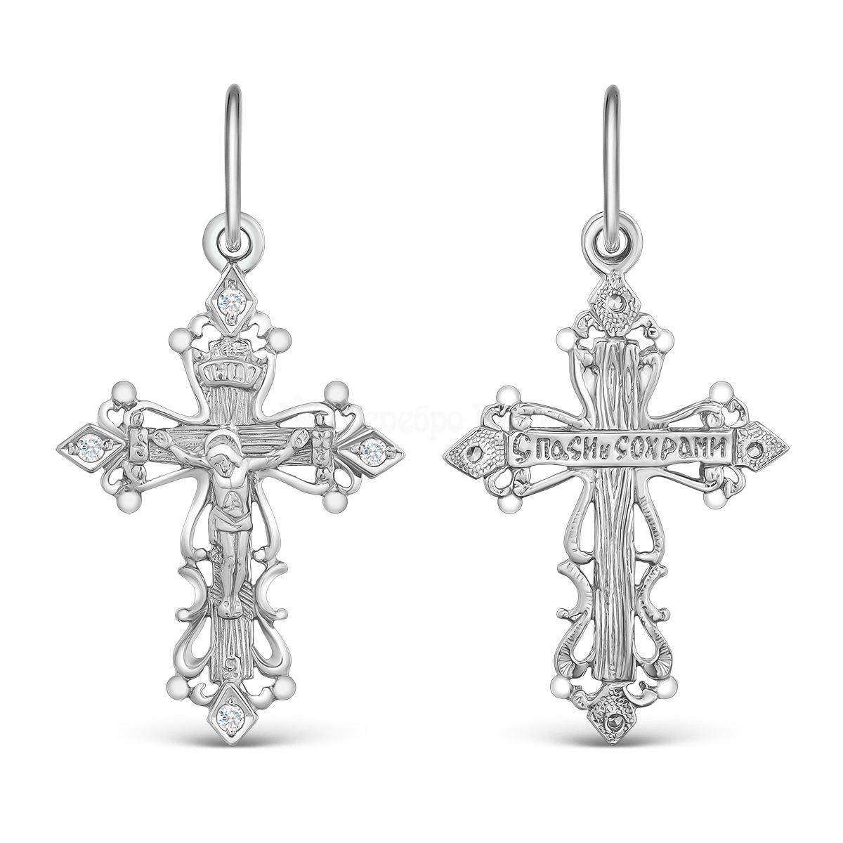Крест из серебра с фианитами родированный - 3,6 см 3-451р