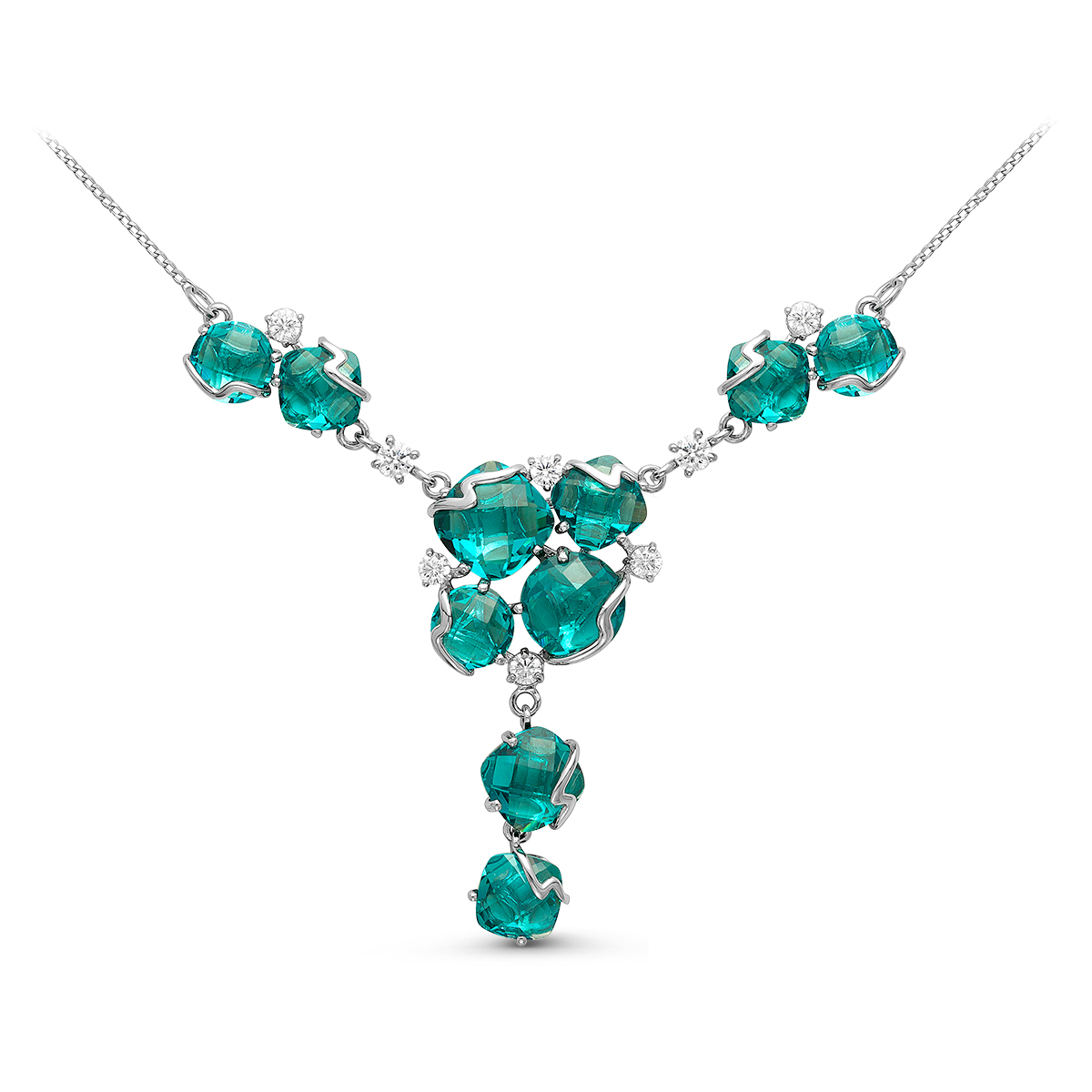 Колье из серебра с парайбой и фианитами родированное