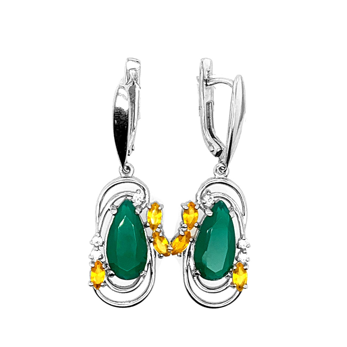 Серьги из серебра с пл. кварцем и фианитами родированные