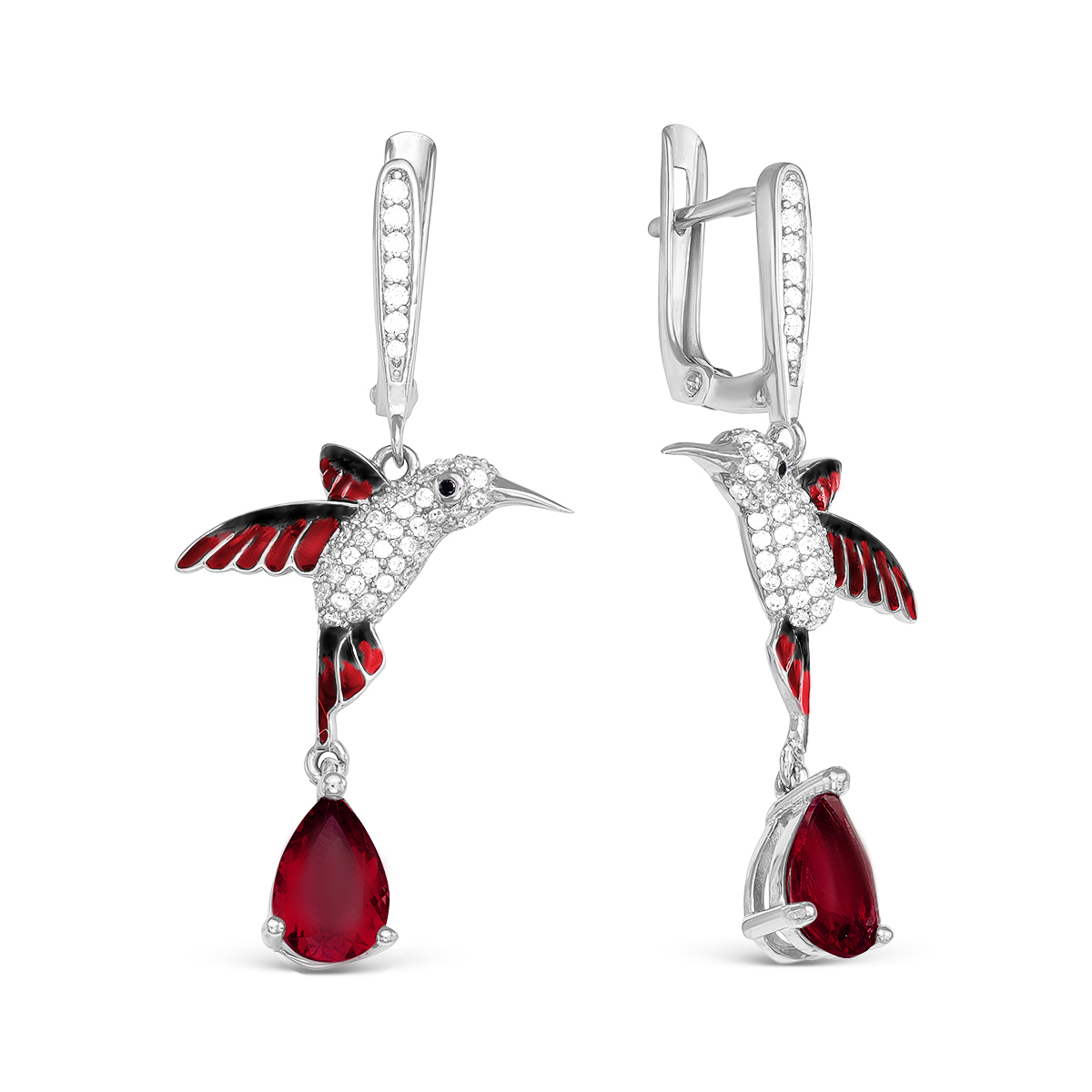 Серьги из серебра с нат.рубином, куб.цирконием и эмалью родированные - Колибри
