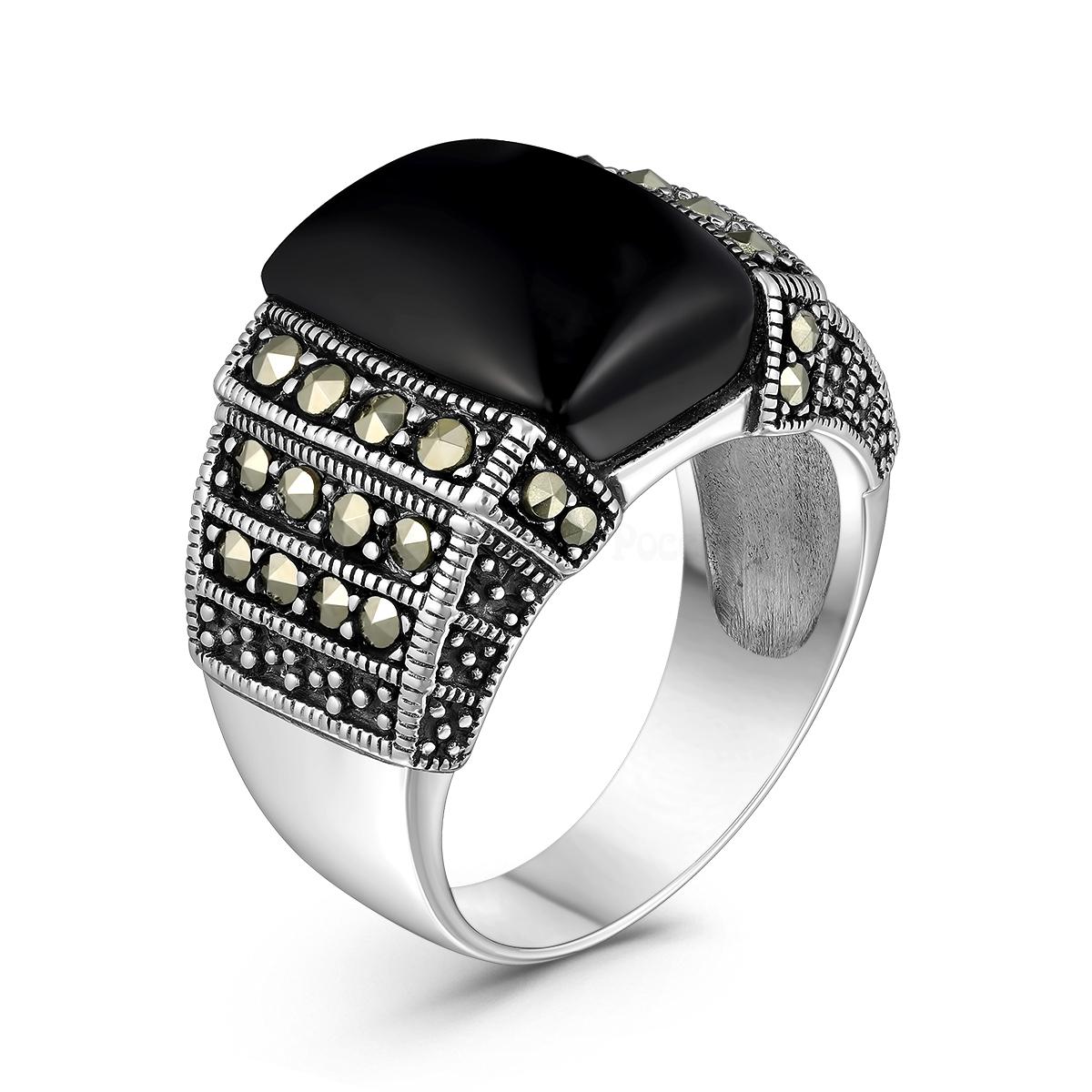 Кольцо роскошное женское из чернёного серебра с натуральным ониксом и марказитами HR-876о