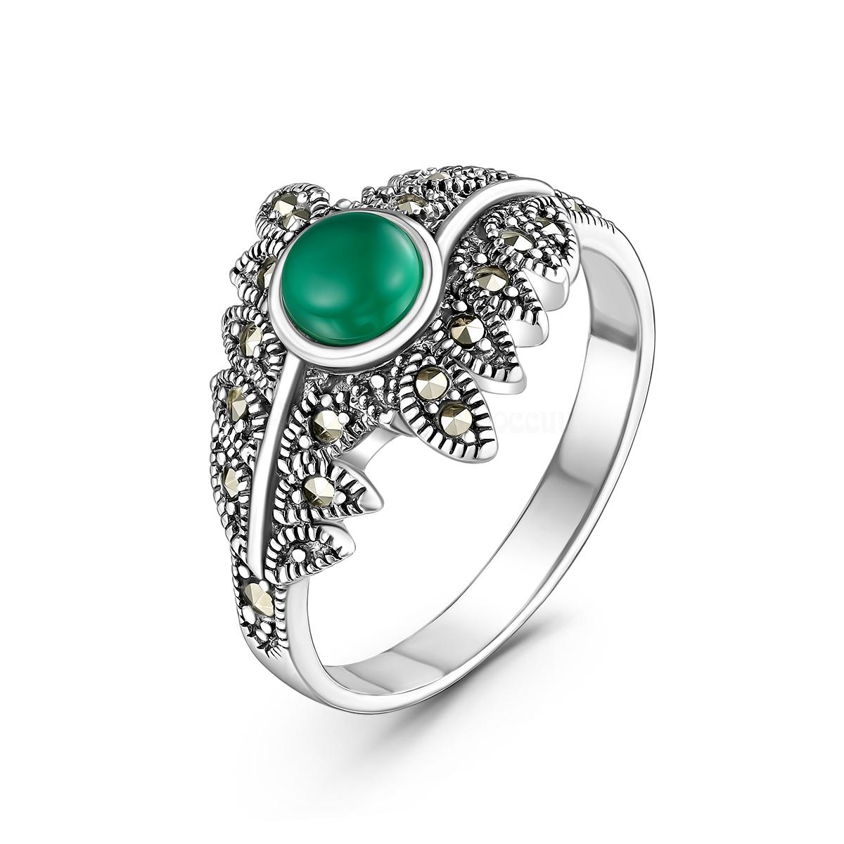 Кольцо из чернёного серебра с зелёным агатом и марказитами HR-1244а