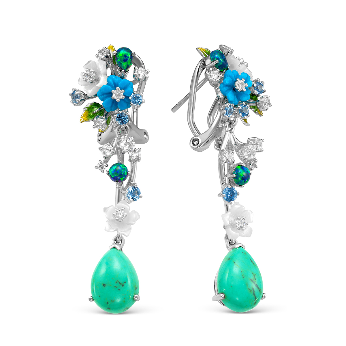 Серьги из серебра с перламутром, синт.бирюзой, опалом, куб.цирконием и эмалью родированные