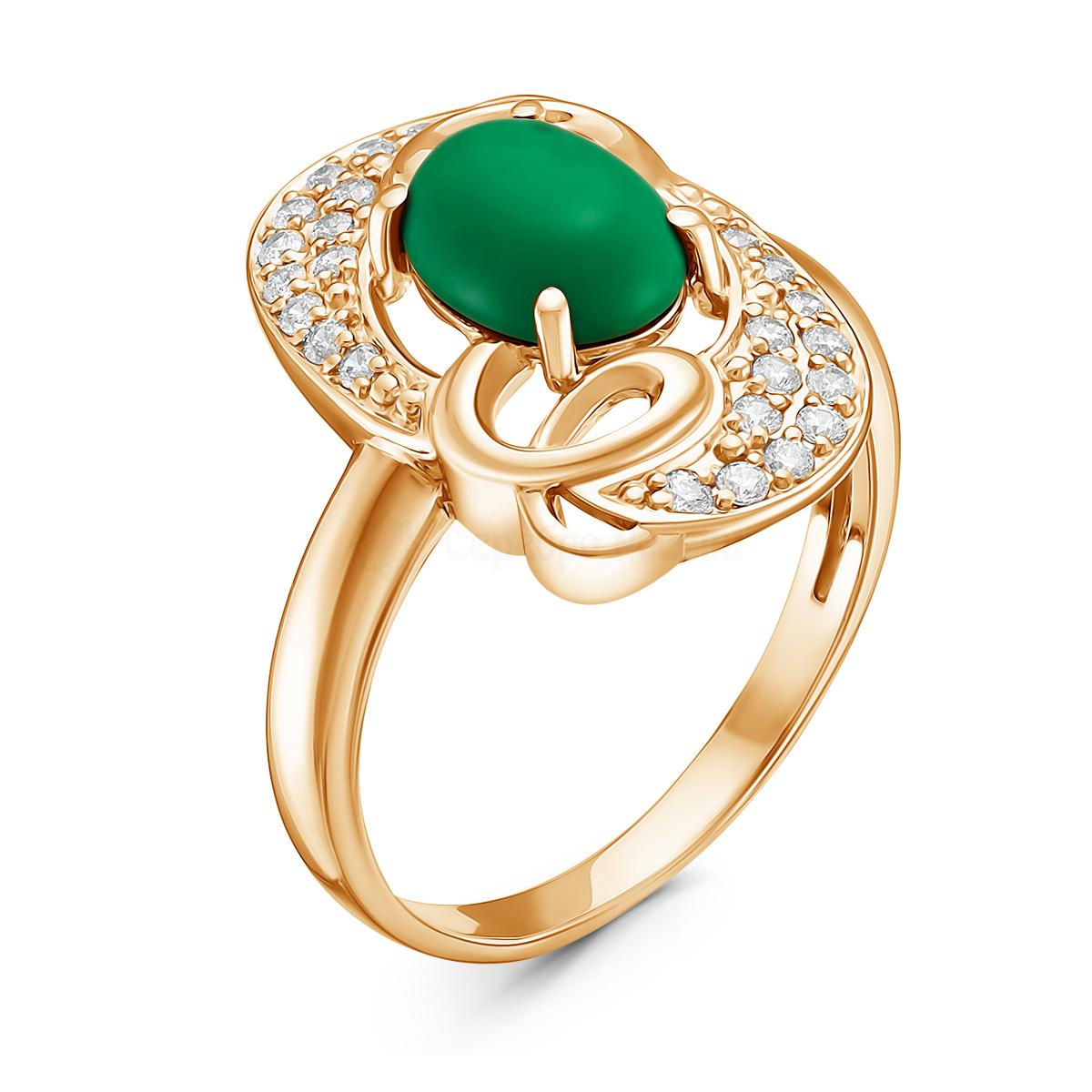 Кольцо из золочёного серебра с рек.зелёным агатом и фианитами К-3225зк60900