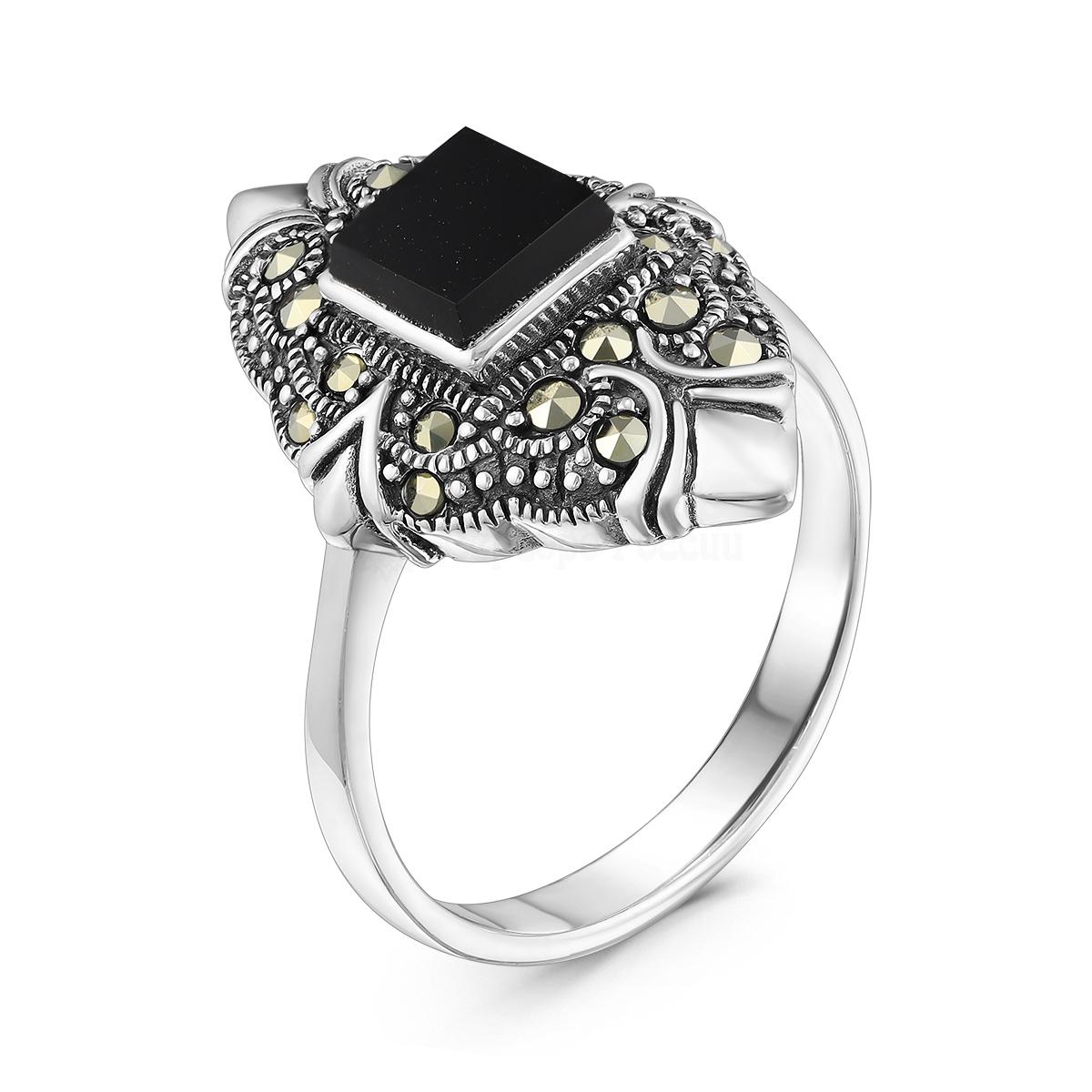 Кольцо женское из чернёного серебра с натуральным ониксом и марказитами HR-1224о