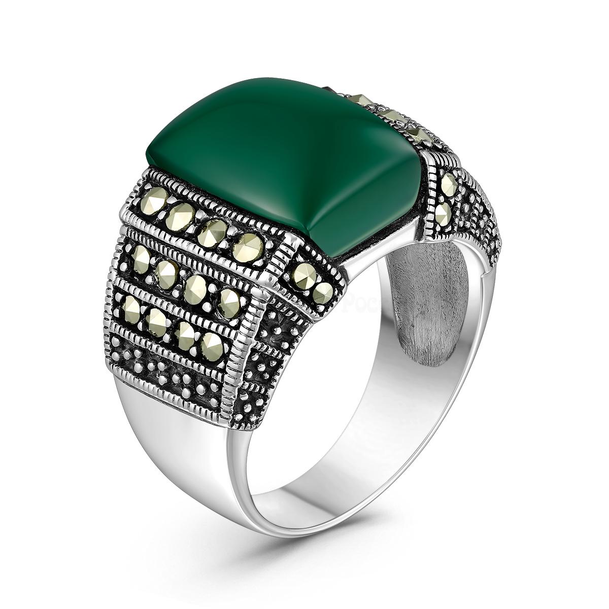 Кольцо роскошное женское из чернёного серебра с натуральным зелёным агатом и марказитами HR-876а