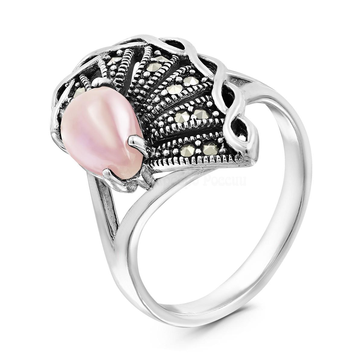Кольцо из чернёного серебра с марказитами и розовым перламутром HR-1456рп