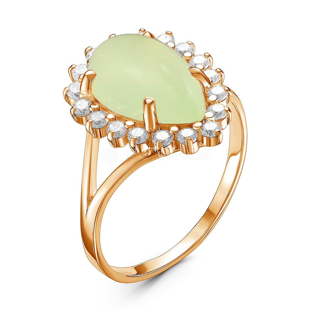 Кольцо женское из золочёного серебра с плавленым кварцем цвета зеленый агат и фианитами К-3203зк10900