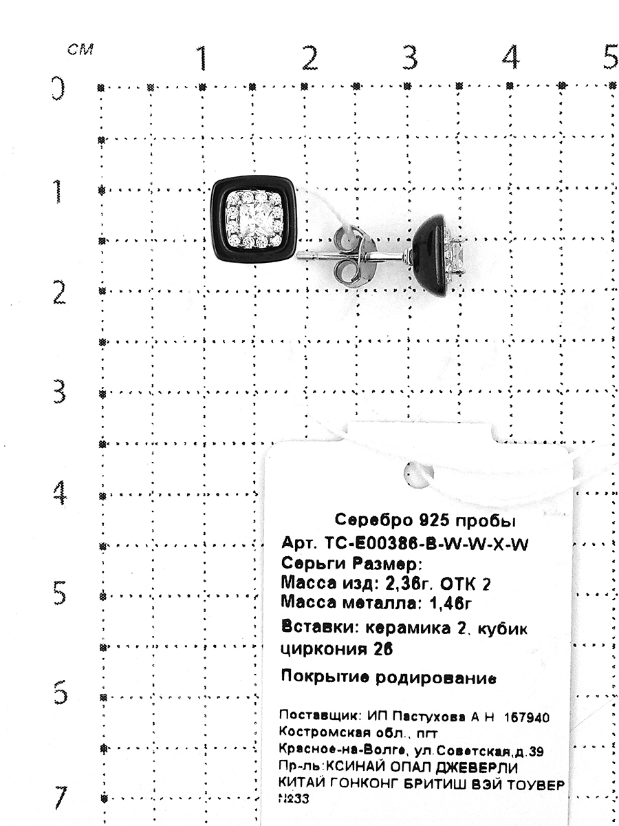 Серьги-пусеты из серебра с керамикой и куб. цирконием родированные