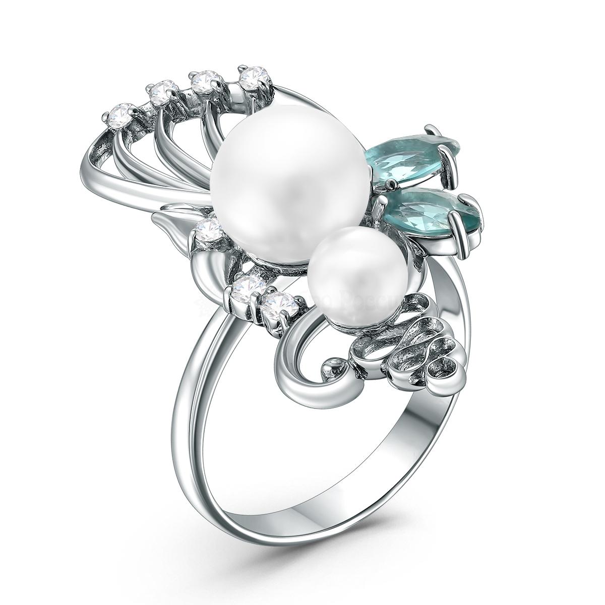 Кольцо из серебра с жемчугом Сваровски, плавленым кварцем цвета лондон топаз и фианитами родированное К-3120рк80411100