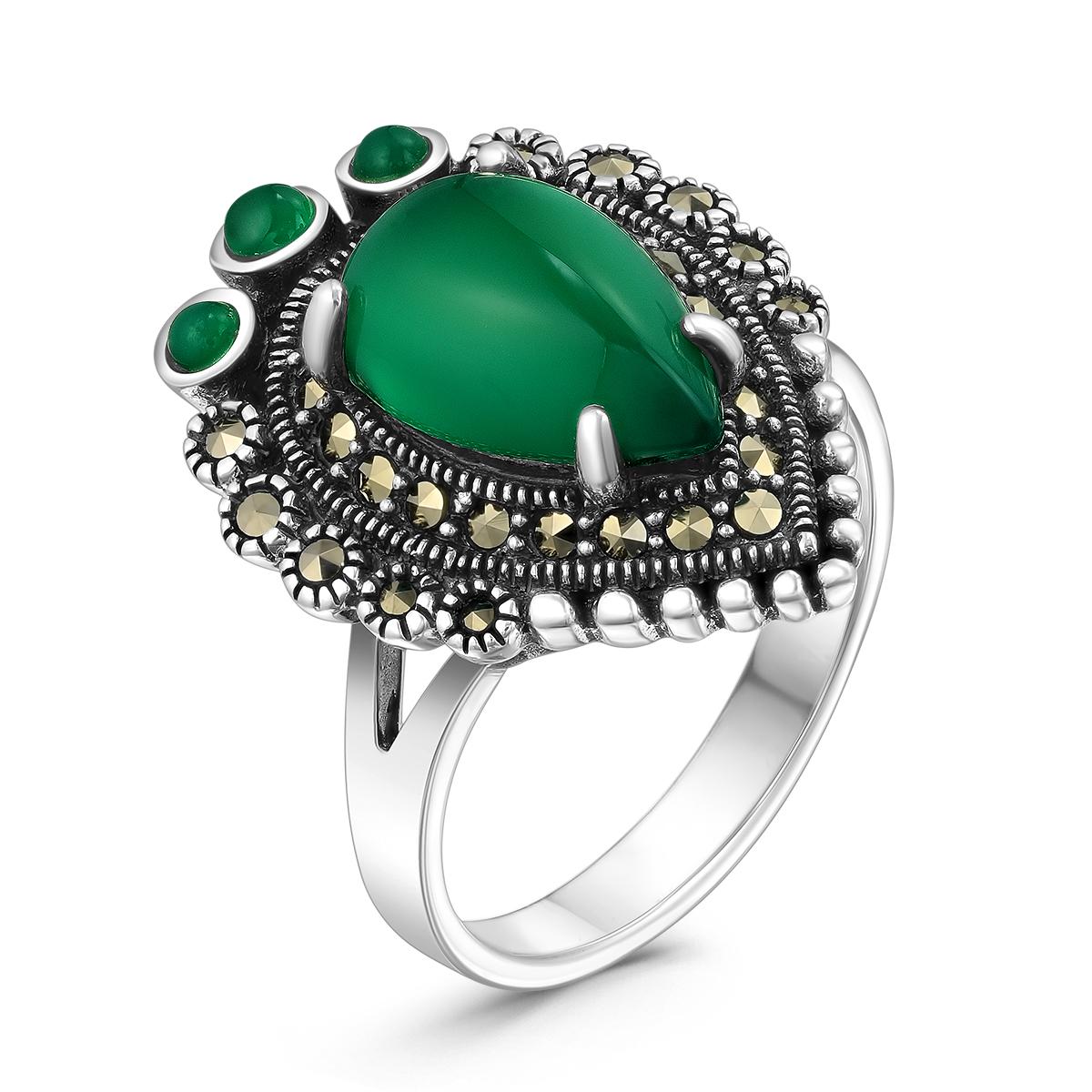 Кольцо из чернёного серебра с натуральным зелёным агатом и марказитами HR-1476а