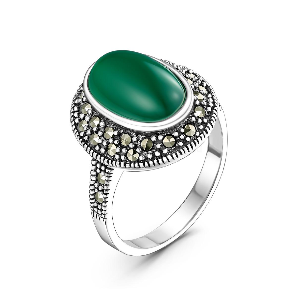 Кольцо из чернёного серебра с натуральным зелёным агатом и марказитами HR-1475а