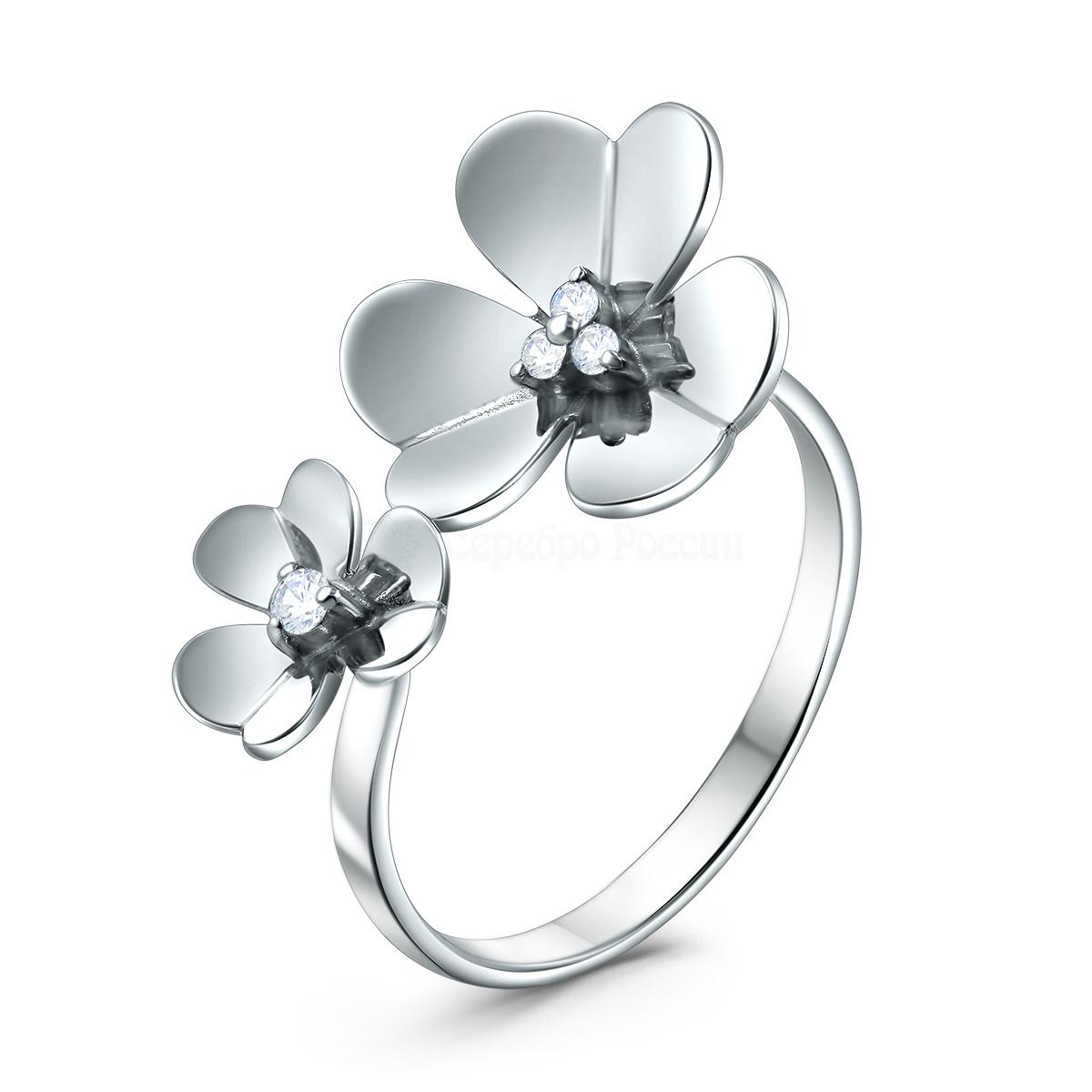 Кольцо разъёмное из серебра с фианитами родированное - Цветы К-042р