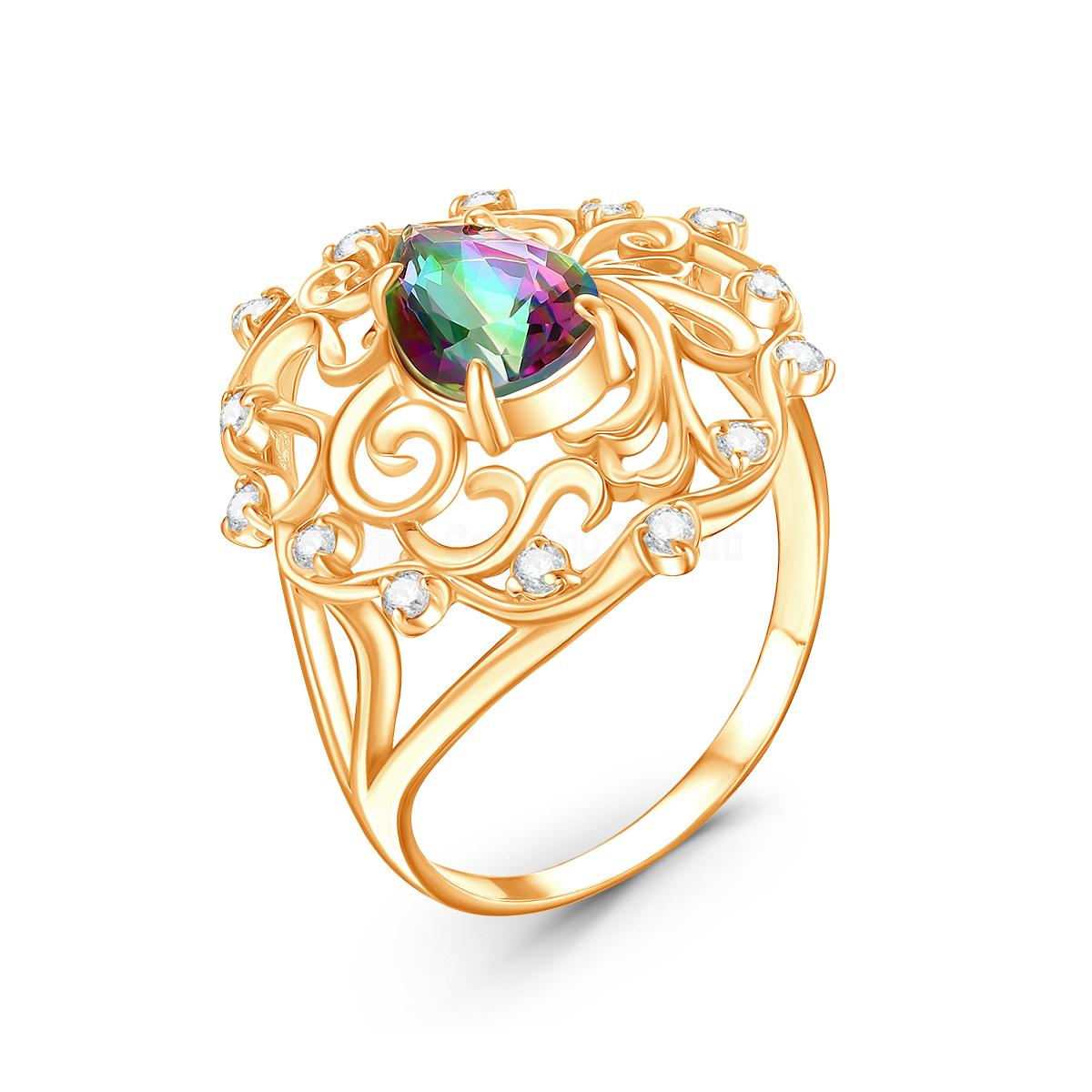 Кольцо женское из золочёного серебра с плавленым кварцем цвета мистик и фианитами К1179з152