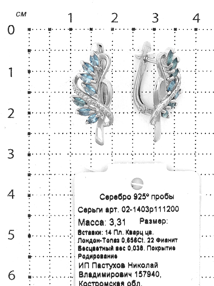 Серьги из серебра с пл. кварцем цв. лондон-топаз и фианитами родированные
