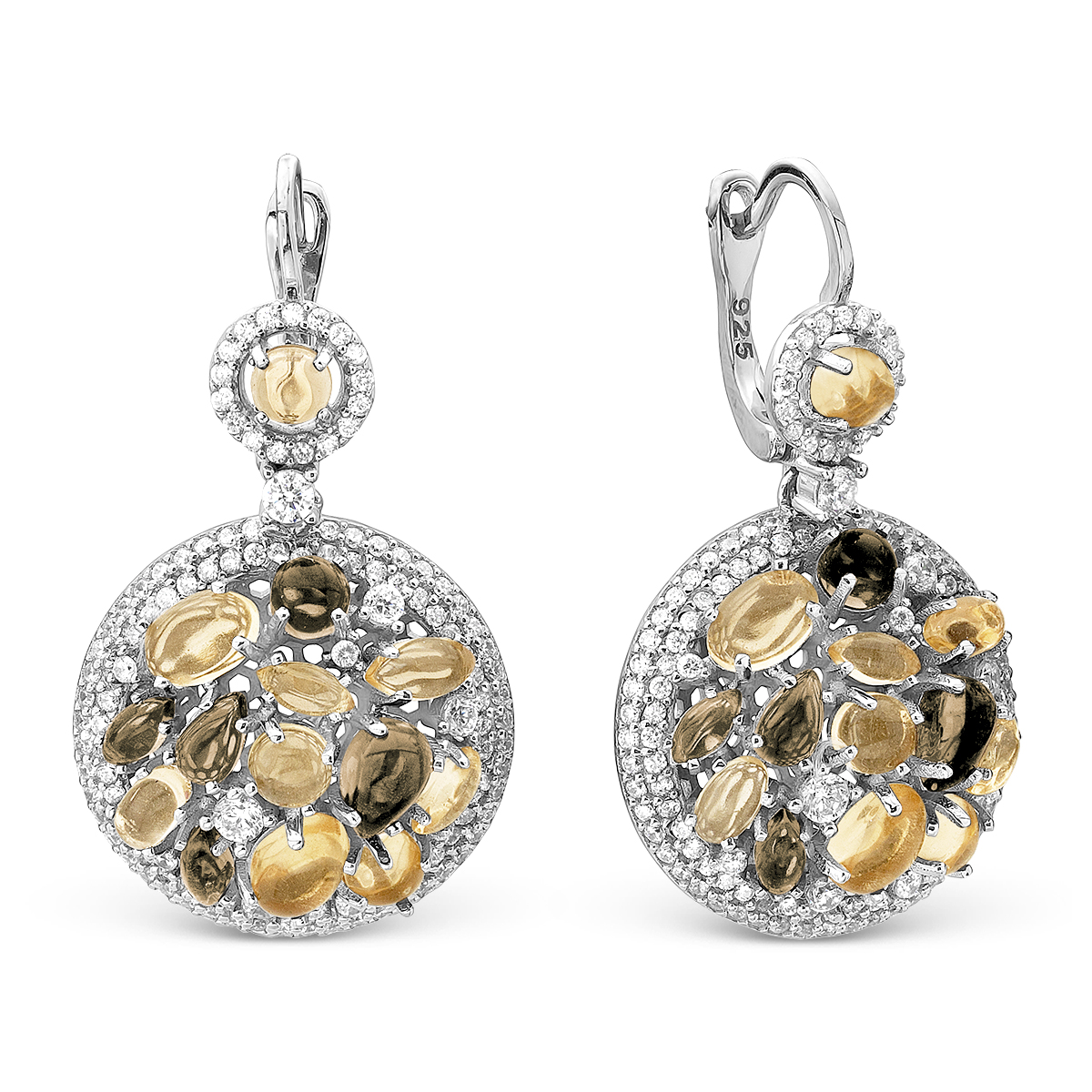 Серьги из серебра с пл. кварцем цв.раухтопаз,цитрин и фианитами родированные