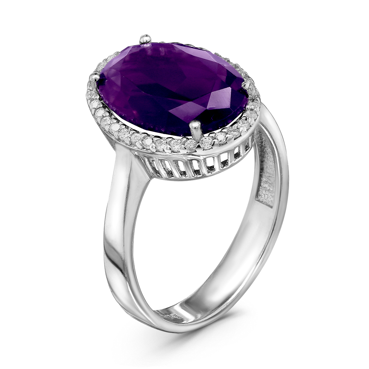 Кольцо из серебра с пл.кварцем цв.аметист и фианитами родированное