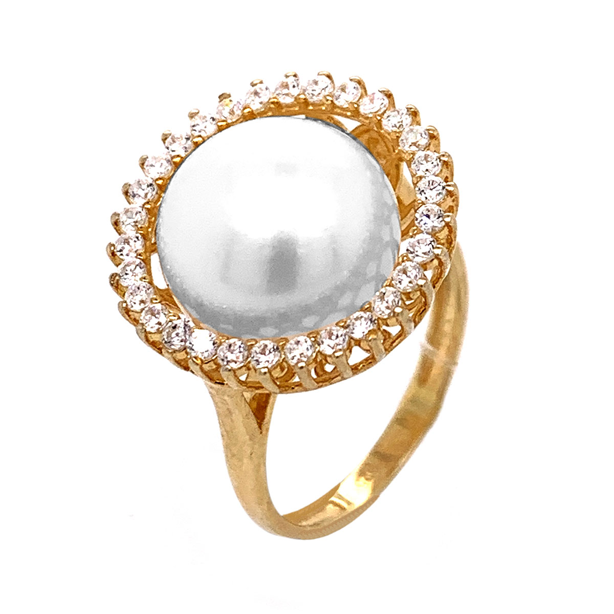 Кольцо из золочёного серебра с культ.жемчугом и фианитами
