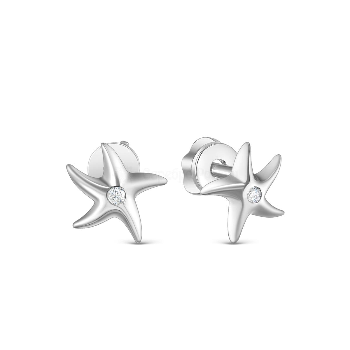 Серьги-пусеты из серебра с фианитами родированные - Морские звёзды 12-1322р