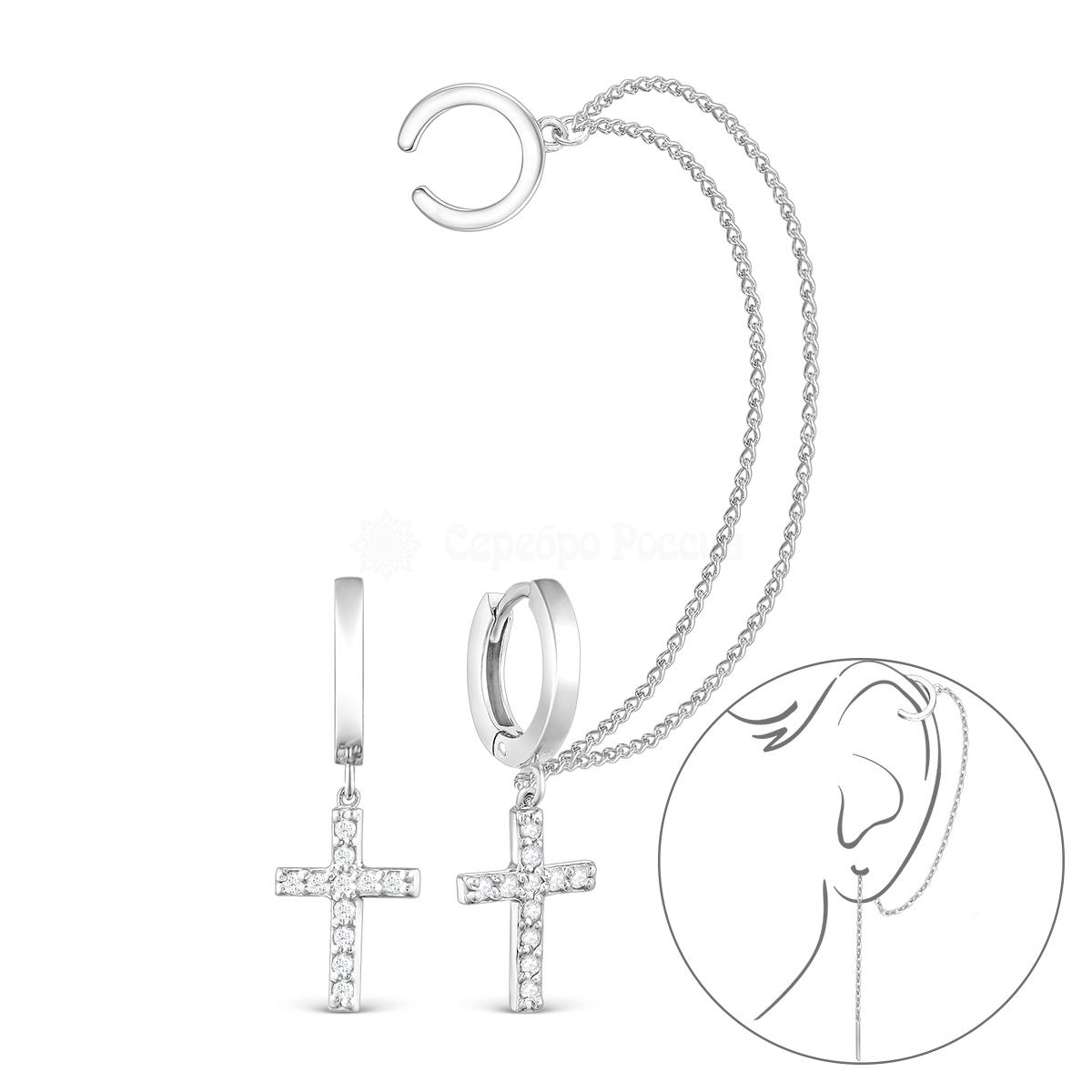 Серьги женские длинные из серебра с фианитами родированные - Кресты 21040 р